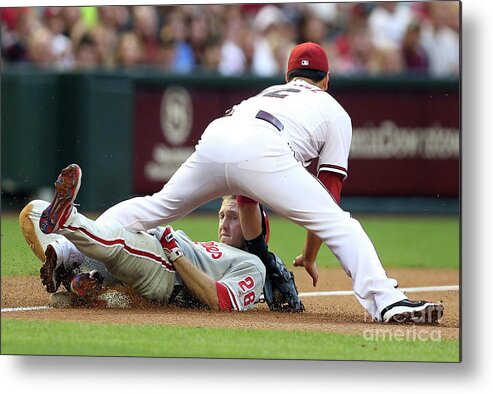 Eric Chavez Metal Print featuring the photograph Eric Chavez and Chase Utley by Christian Petersen