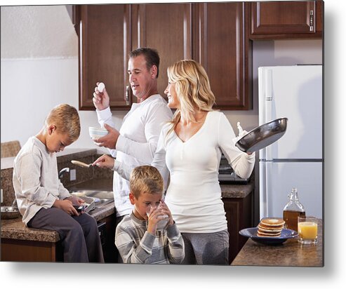 White People Metal Print featuring the photograph Family in kitchen making breakfast by Kali9