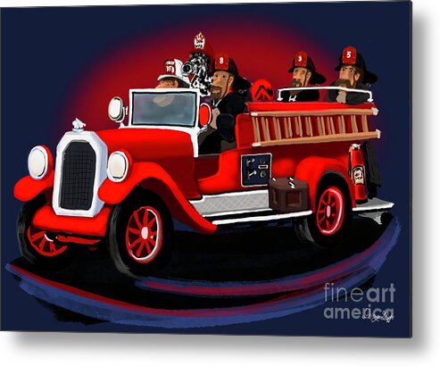 Firefighter Metal Print featuring the digital art Fire Engine and Crew by Doug Gist