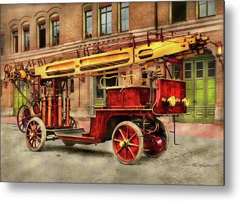 Fireman Art Metal Print featuring the photograph Fire Truck - An electric ladder truck 1907 by Mike Savad
