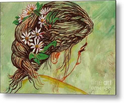 Braided Hair Metal Print featuring the painting Flowers in Her Hair by Tammy Nara