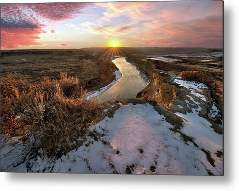 Badlands Metal Print featuring the photograph Flowing to the Sun 2 - Sunset Panorama of Little Missouri at Wind Canyon- Badlands National Park ND by Peter Herman