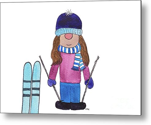 Gnome Girl Metal Print featuring the mixed media Gnome Girl with Skis by Lisa Neuman