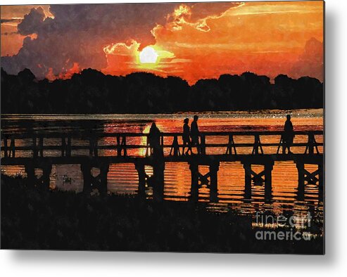 Lake Metal Print featuring the photograph Golden orange sunset over Lake Mineola at the pier in Clermont Florida USA by William Kuta
