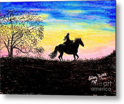 Horse Sunset Metal Print featuring the painting Grandaughter on a horse by Lisa Rose Musselwhite