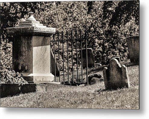 Grave Yard Metal Trees Tomb Stones B&w Metal Print featuring the photograph Grave Yard by John Linnemeyer