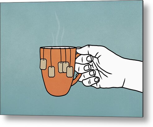 Working Metal Print featuring the drawing Hand holding mug with many tea bags by Malte Mueller