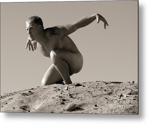 Young Metal Print featuring the photograph Handsome surfer stripped naked for photoshoot. by Gunther Allen