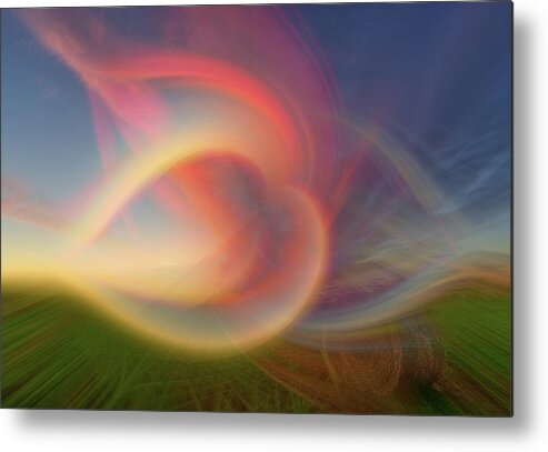 Abstract Metal Print featuring the photograph Haybale Dreamscape - Abstract Alfalfa Bale at ND sunset by Peter Herman