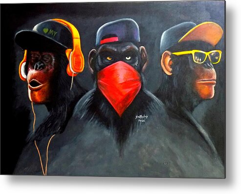 Living Room Metal Print featuring the painting Hear no Evil, Speak no Evil,See no Evil by Olaoluwa Smith