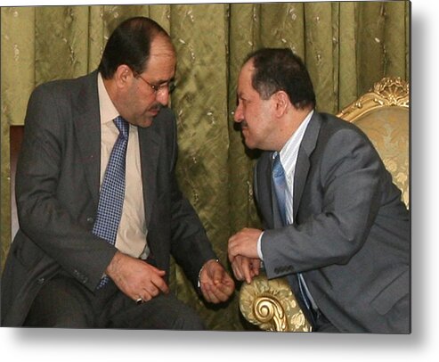 Massoud Barzani Metal Print featuring the photograph Iraq's PM Nuri al-Maliki sits next to former PM Ibrahim Jaafari during a meeting in Baghdad by Pool