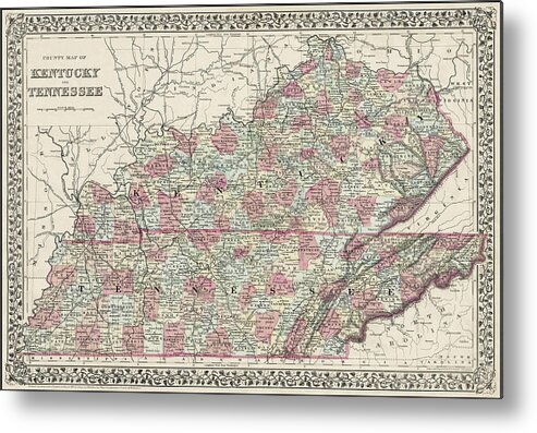 Kentucky Metal Print featuring the photograph Kentucky and Tennessee Vintage Map 1882 by Carol Japp