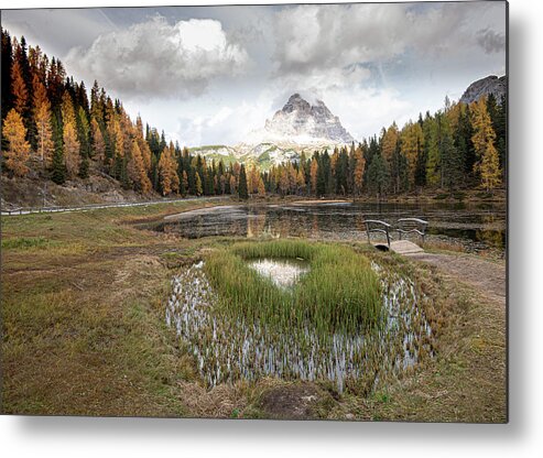 Lago Di Antorno Metal Print featuring the photograph Lago di antorno lake and Tre cime di lavadero mountain reflection in autumn. Forest landscape South tyrol Italy by Michalakis Ppalis