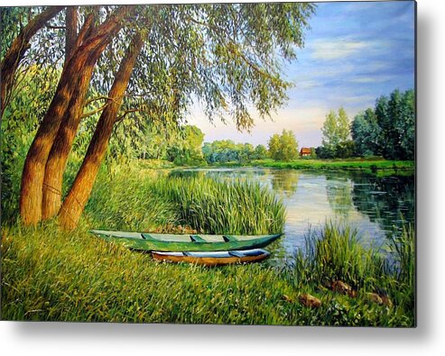 Landscape With A Boat Metal Print featuring the painting Landscape with a boat 2 by Kastsov
