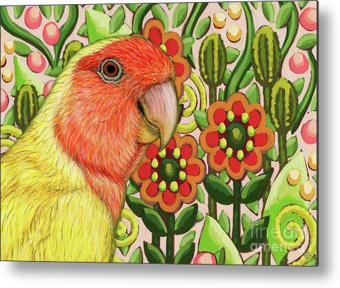 Parrot Metal Print featuring the painting Lovebird Enjoying Picnic Posies by Amy E Fraser
