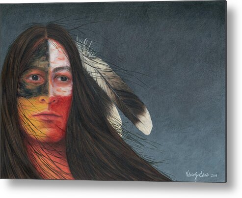 Native American; American Indian; Eagle Feathers; Medicine Wheel; Long Flowing Hair Metal Print featuring the painting Medicine Man by Valerie Evans