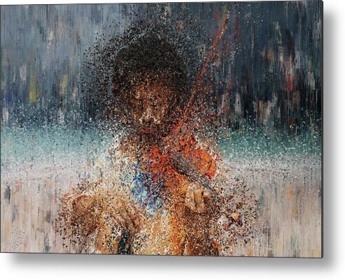 Violinist Metal Print featuring the painting Melody of the Storm by Alex Mir