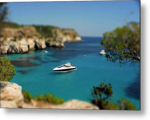 Tropical Metal Print featuring the photograph Menorca, island, Spain, photo effect miniature yacht by Severija Kirilovaite