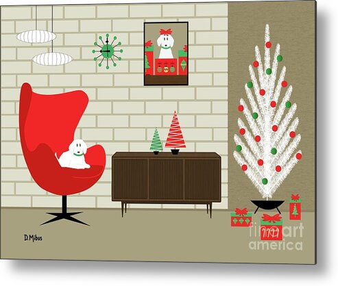 Mid Century Dog Metal Print featuring the digital art Mid Century Christmas Room White Dog by Donna Mibus