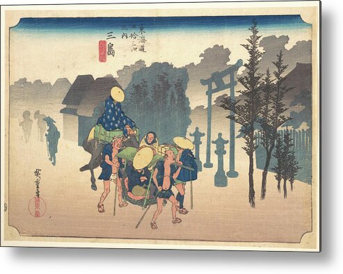 Polychrome Woodblock Print; Ink And Color On Paper Metal Print featuring the painting Mishima Asa-Giri. Morning Mist. by Utagawa Hiroshige