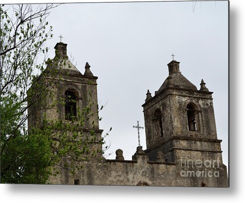 Historical Photograph Metal Print featuring the photograph Mission Concepcion Towers and Cross by Expressions By Stephanie