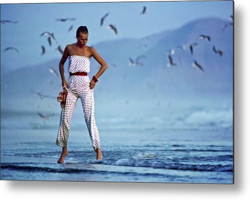 Fashion Metal Print featuring the photograph Model in a Strapless Pajama Ensemble by Jacques Malignon