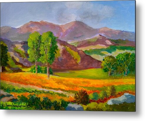 Trees.mountains Metal Print featuring the painting Mountains and fields  by Konstantinos Charalampopoulos