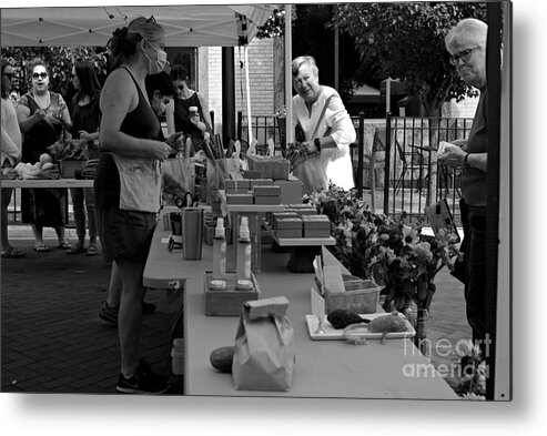 People Metal Print featuring the photograph Neighborhood Farmers Market - Black and White - Frank J Casella by Frank J Casella
