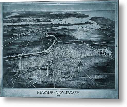 Newark Metal Print featuring the photograph Newark New Jersey Vintage Map Birds Eye View 1916 Blue by Carol Japp
