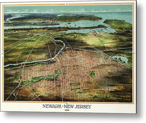 Newark Metal Print featuring the photograph Newark New Jersey Vintage Map Birds Eye View 1916 by Carol Japp