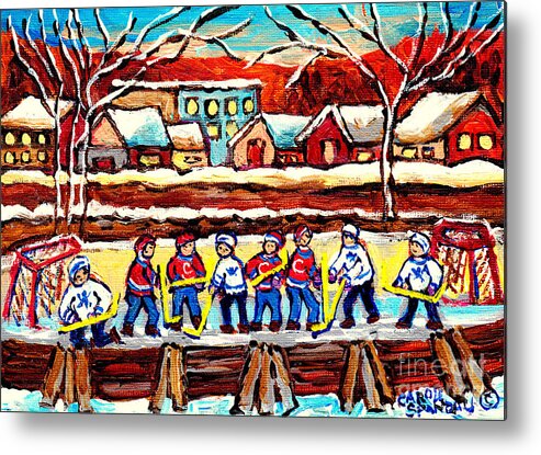 Hockey Metal Print featuring the painting Outdoor Hockey Rink Cozy Village Painting Canadian Art Winter Landscape Scene C Spandau Artist by Carole Spandau