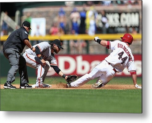 2nd Base Metal Print featuring the photograph Paul Goldschmidt and Brandon Crawford by Christian Petersen