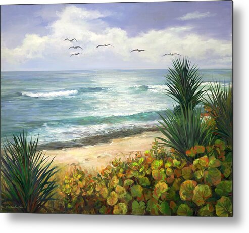 Pelicans Metal Print featuring the painting Pelican Patrol by Laurie Snow Hein