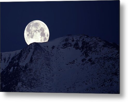 Moon Metal Print featuring the photograph Pikes Peak Moonset by Bob Falcone
