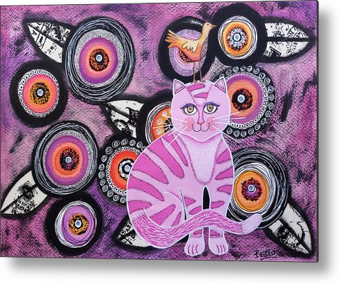 Cat Metal Print featuring the painting Pink kitten with flowers by Graciela Bello