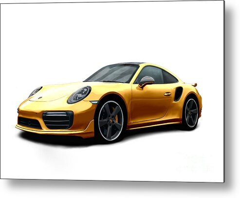 Hand Drawn Metal Print featuring the digital art Porsche 911 991 Turbo S Digitally Drawn - Gold by Moospeed Art