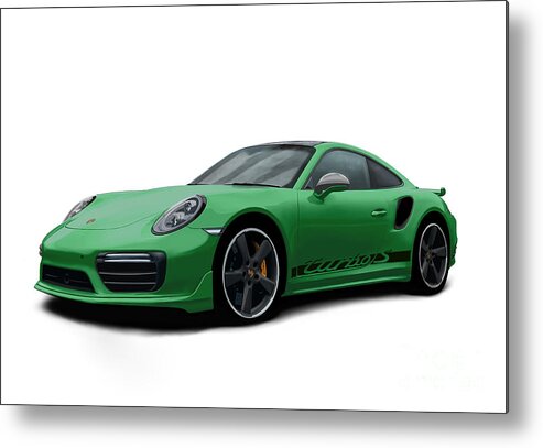 Hand Drawn Metal Print featuring the digital art Porsche 911 991 Turbo S Digitally Drawn - Green with side decals script by Moospeed Art