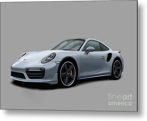 Hand Drawn Metal Print featuring the digital art Porsche 911 991 Turbo S Digitally Drawn - Grey by Moospeed Art