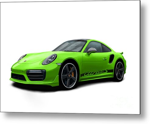 Hand Drawn Metal Print featuring the digital art Porsche 911 991 Turbo S Digitally Drawn - Light Green with side decals script by Moospeed Art