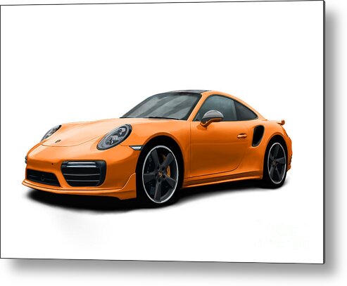 Hand Drawn Metal Print featuring the digital art Porsche 911 991 Turbo S Digitally Drawn - Orange by Moospeed Art