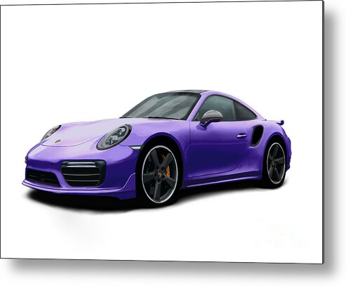 Hand Drawn Metal Print featuring the digital art Porsche 911 991 Turbo S Digitally Drawn - Purple by Moospeed Art