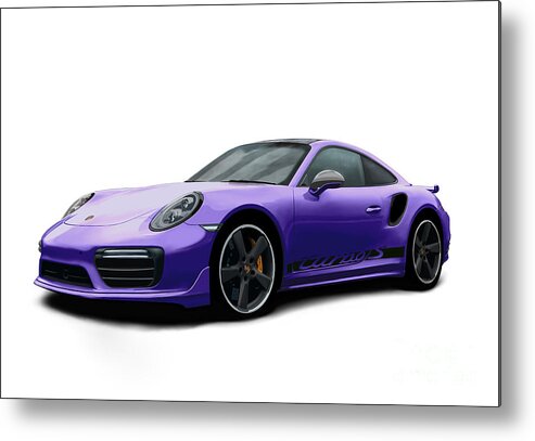 Hand Drawn Metal Print featuring the digital art Porsche 911 991 Turbo S Digitally Drawn - Purple with side decals script by Moospeed Art