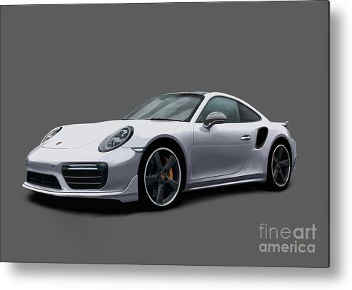 Hand Drawn Metal Print featuring the digital art Porsche 911 991 Turbo S Digitally Drawn - Silver by Moospeed Art