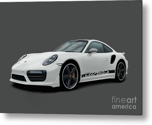 Hand Drawn Metal Print featuring the digital art Porsche 911 991 Turbo S Digitally Drawn - White with side decals script by Moospeed Art