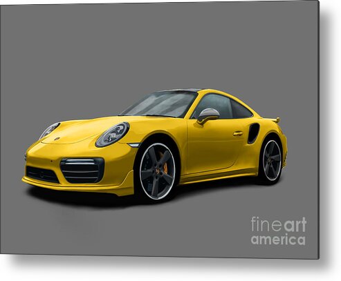 Hand Drawn Metal Print featuring the digital art Porsche 911 991 Turbo S Digitally Drawn - Yellow by Moospeed Art
