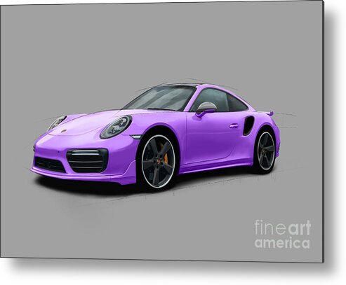 Hand Drawn Metal Print featuring the digital art Porsche 911 Turbo S Sketch - Purple Edition by Moospeed Art