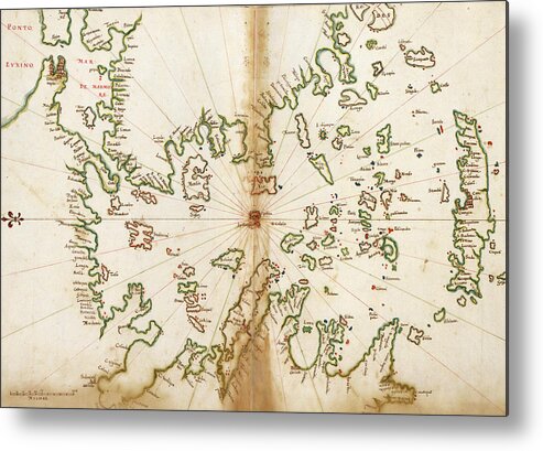 Maps Metal Print featuring the drawing Portuguese map of Greece and The Agean Sea 1630 by Vintage Maps
