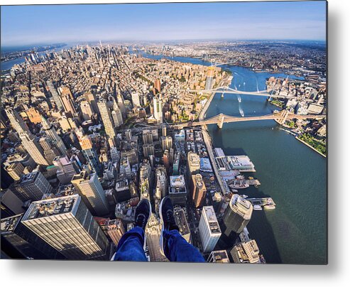 Lower Manhattan Metal Print featuring the photograph Pov of human leg with Manhattan skyline from helicopter by Eloi_Omella