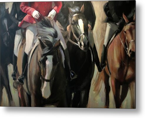 Horse Horses Foxhunt Animals Equestrian Oil Painting Contemporary Metal Print featuring the painting Pulling on the rein by Susan Bradbury