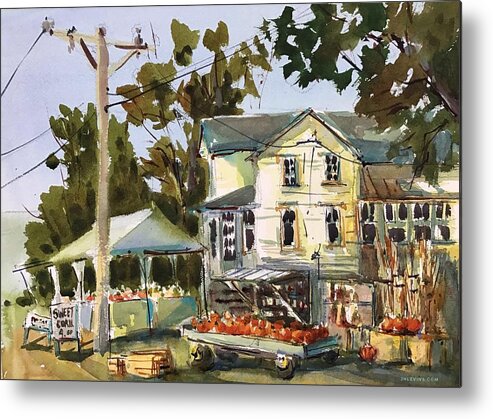 Landscape Metal Print featuring the painting Pumpkin Time at the Farmstand by Judith Levins